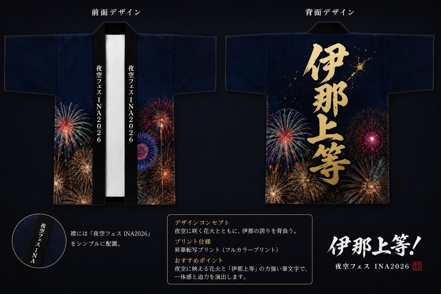 伊那上等オリジナル法被の前面と背面のデザイン